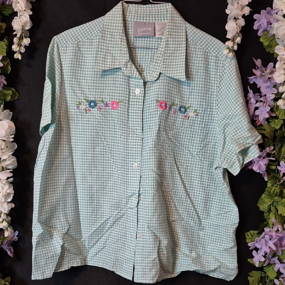 Blair Mint Gingham Button-Front Shirt with Floral Embroidery